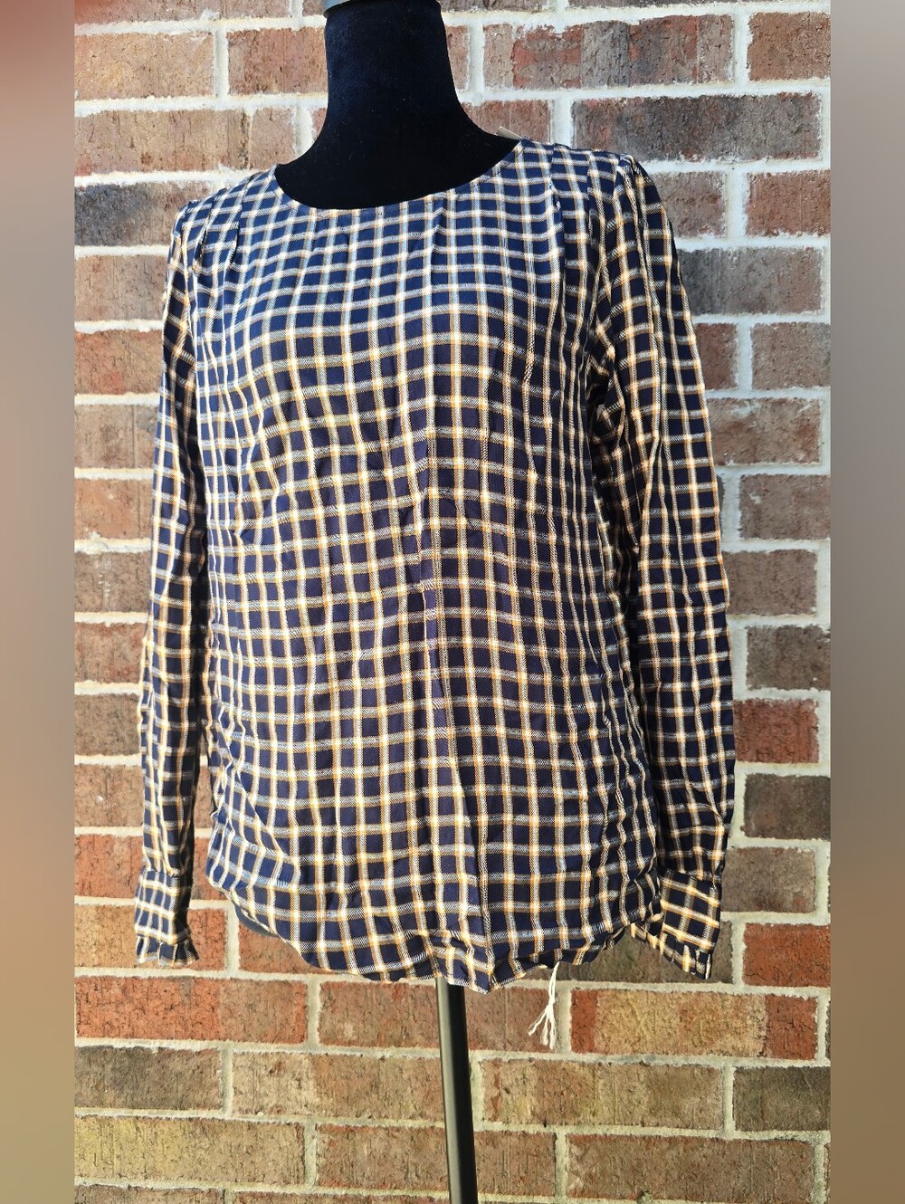 LOFT Navy Gold Plaid Metallic Long Sleeve Blouse Top XS